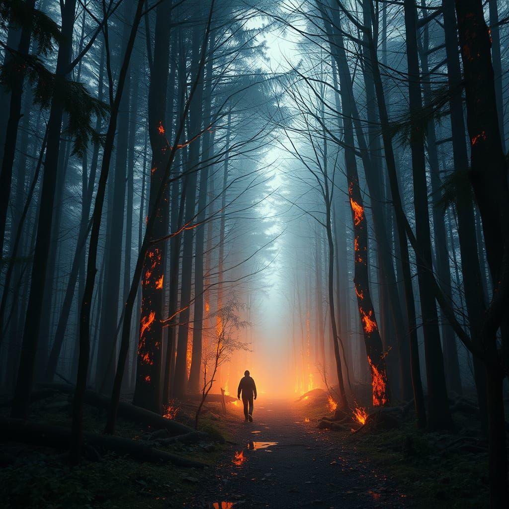 Dramatic Fire Elemental in Forest Digital Painting