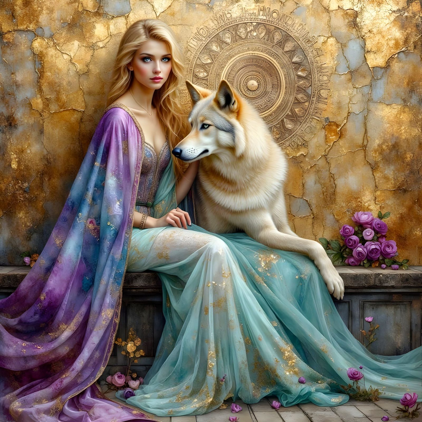 Sensual Woman with Wolf Companion in Oil Painting