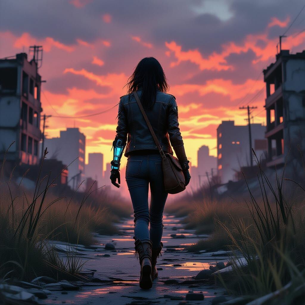 Post-Apocalyptic Woman with Cybernetic Arm in Overgrown City