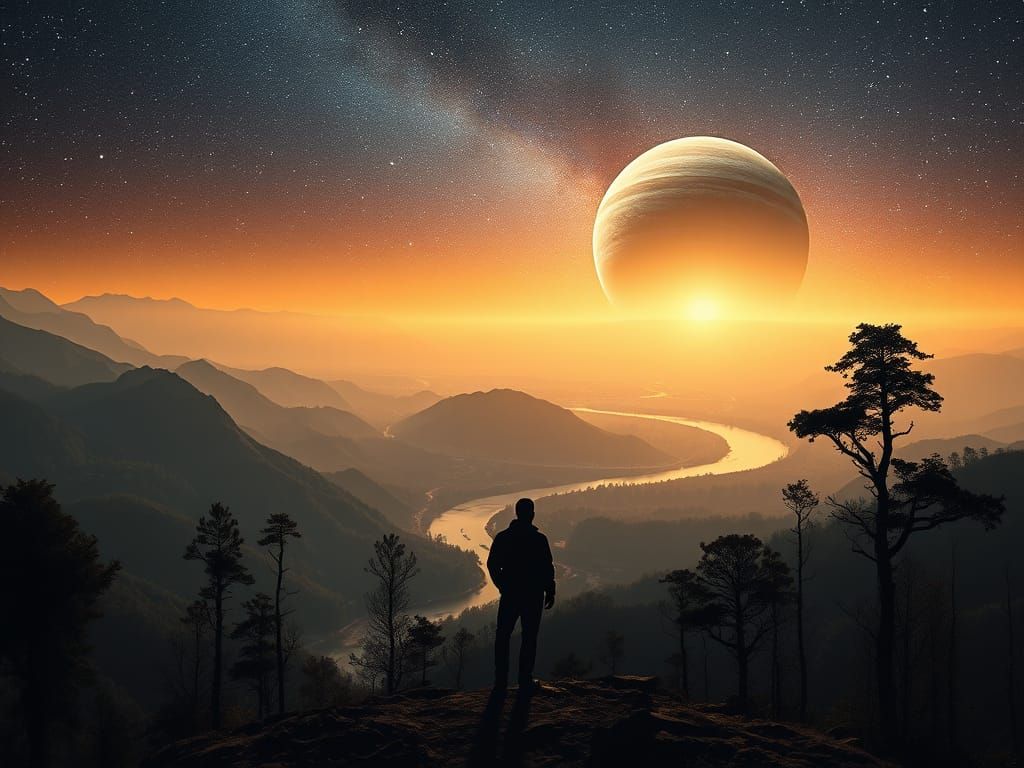 Traveller looks at the Brahmaputra river while Jupiter rises on the horizon