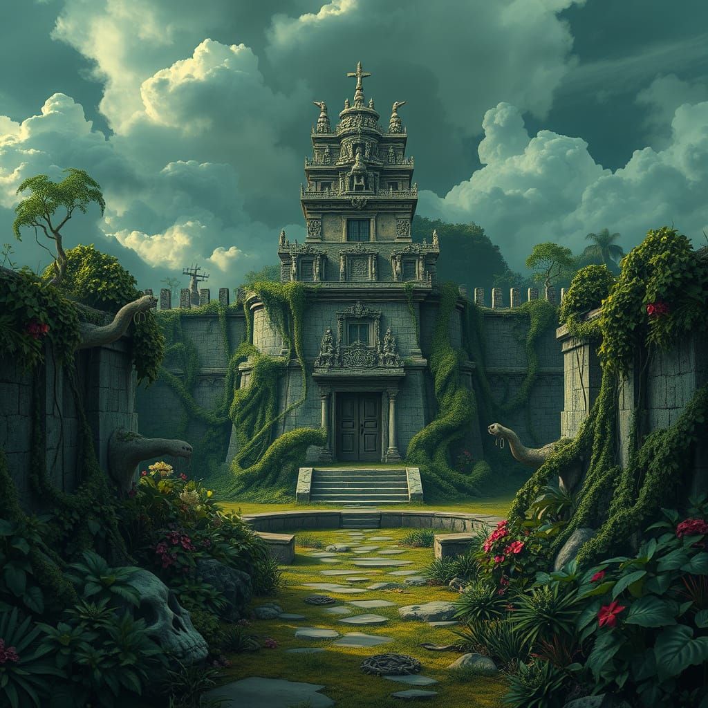 Mystical Mayan Temple in Overgrown Eerie Garden