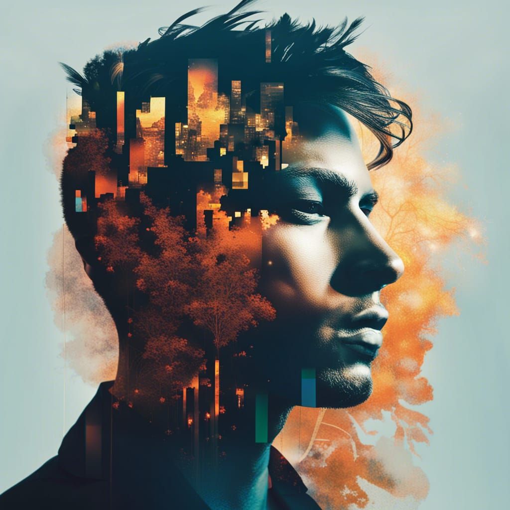 Cyberpunk Double Exposure Portrait in Digital Art Style