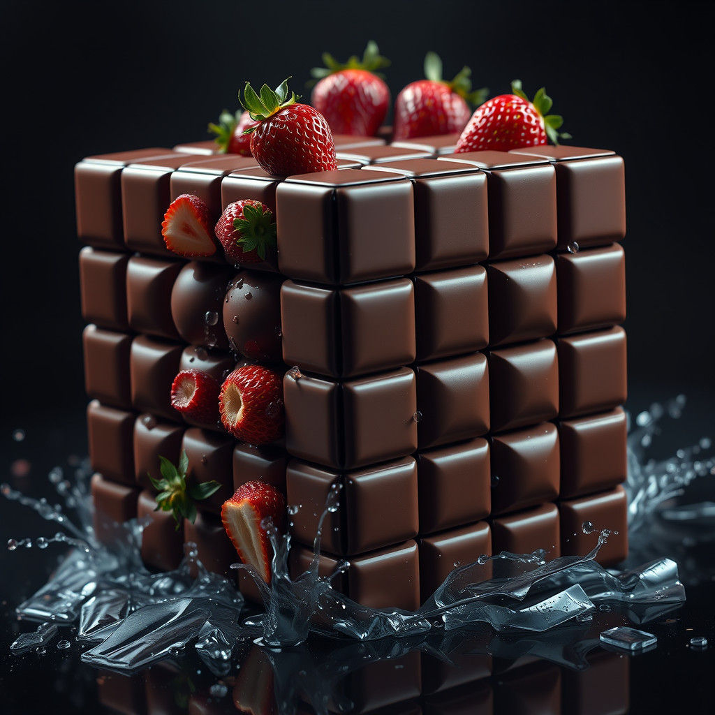Surreal Chocolate Strawberry Rubik's Cube in Sci-Fi Style