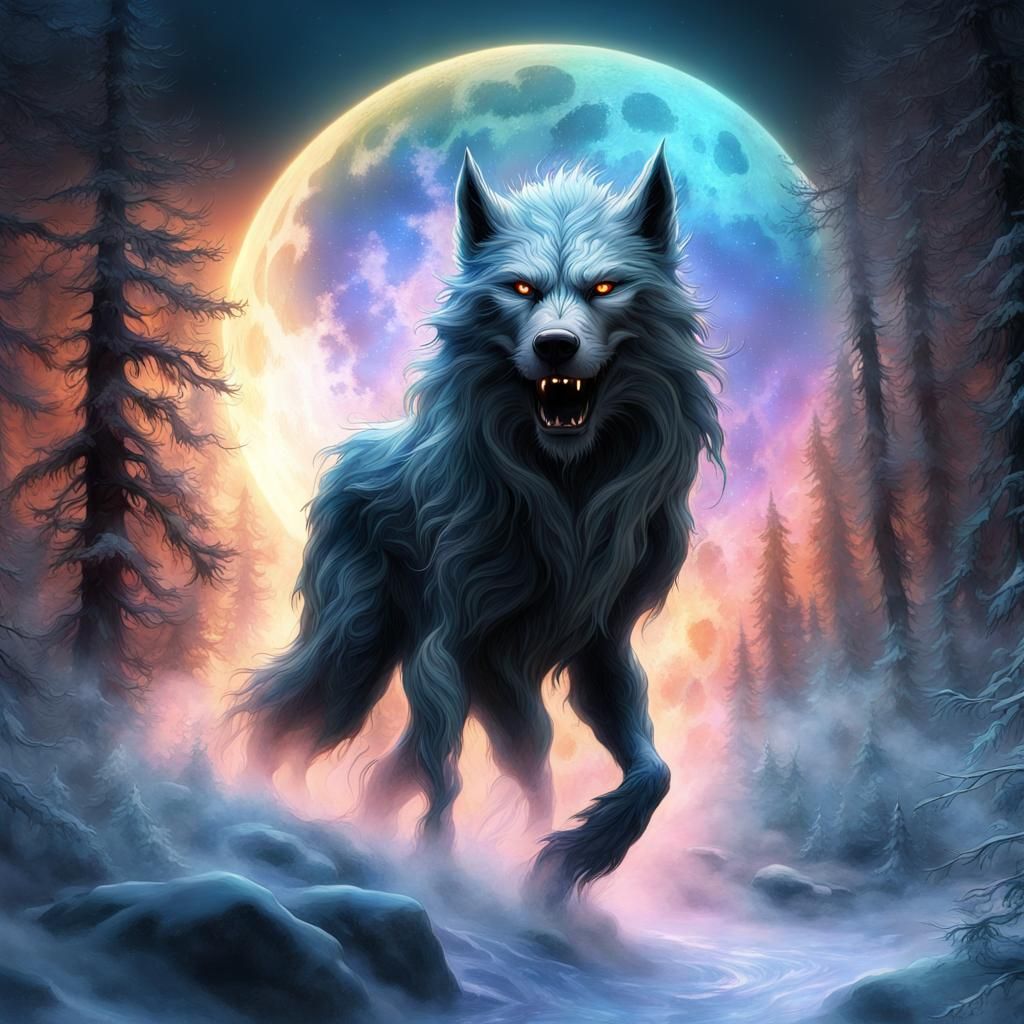 Glowing Wispy Werewolf with Bioluminescent Moon