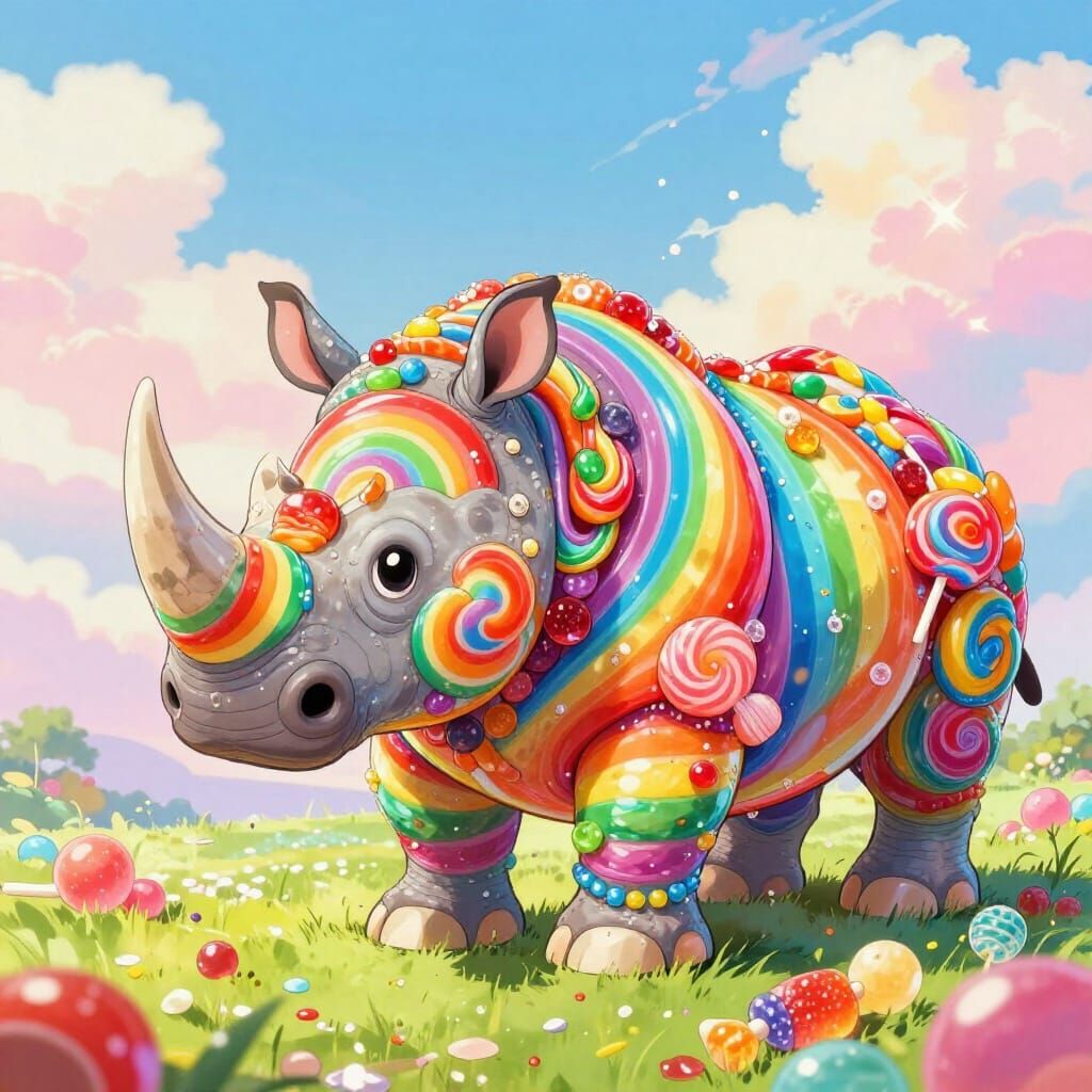 Rainbow Candy Rhinoceros in Anime Art Style