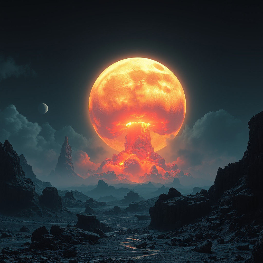 Nuclear Bomb Under Black Moon, Surreal Concept Art