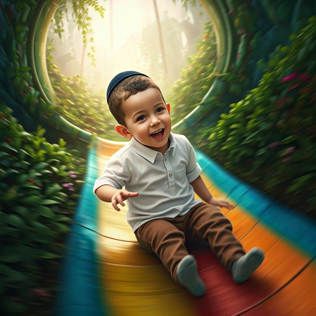 Whimsical Jewish Boy Rolls Down Vibrant Slide in Dreamlike S...