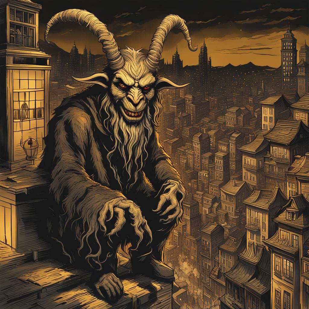 Sinister Krampus in Shadowy City, Dark Fantasy Art