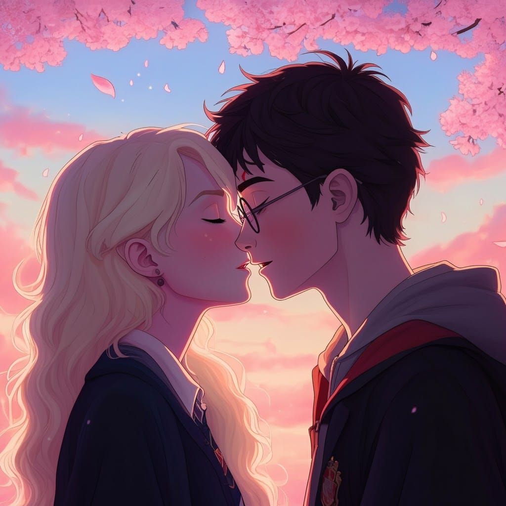 Luna Lovegood kissing Harry Potter.