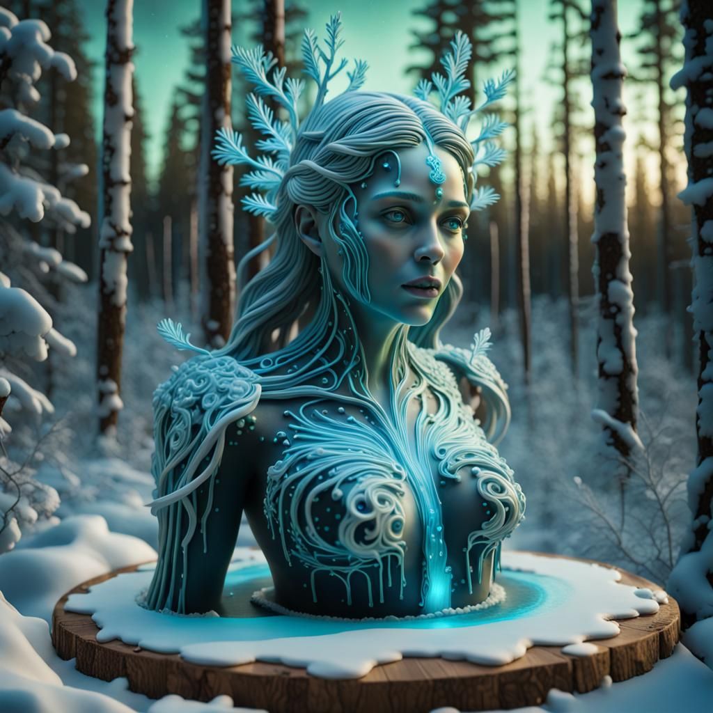 Bioluminescent Woman Cake Sculpture in Winter Forest