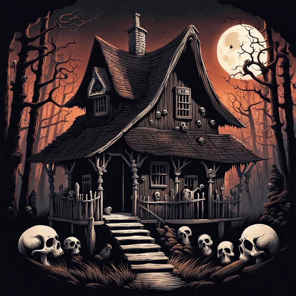 Creepy Walking Cabin in Haunted Forest Illustration