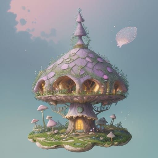 Floating Mushroom Village in Pastel Sky
