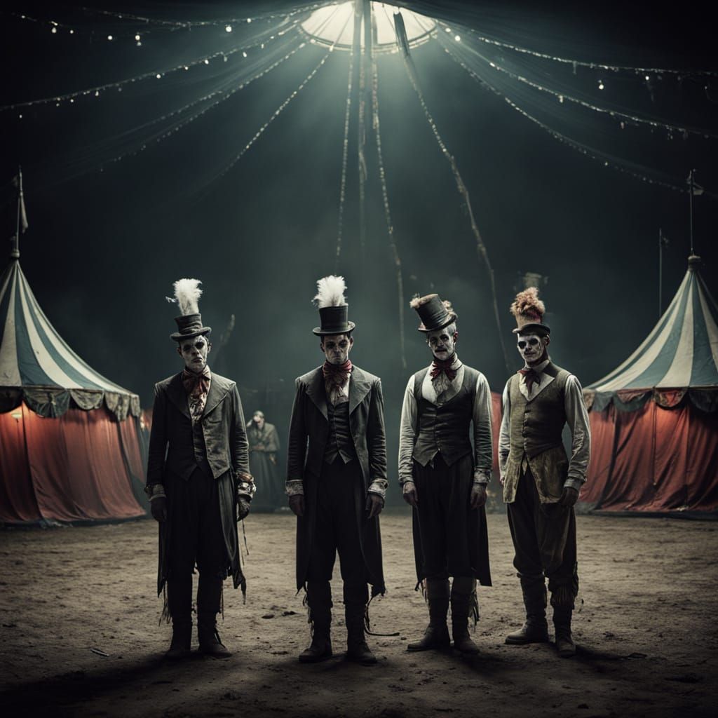 Grotesque Circus Performers in Dimly Lit Big Top