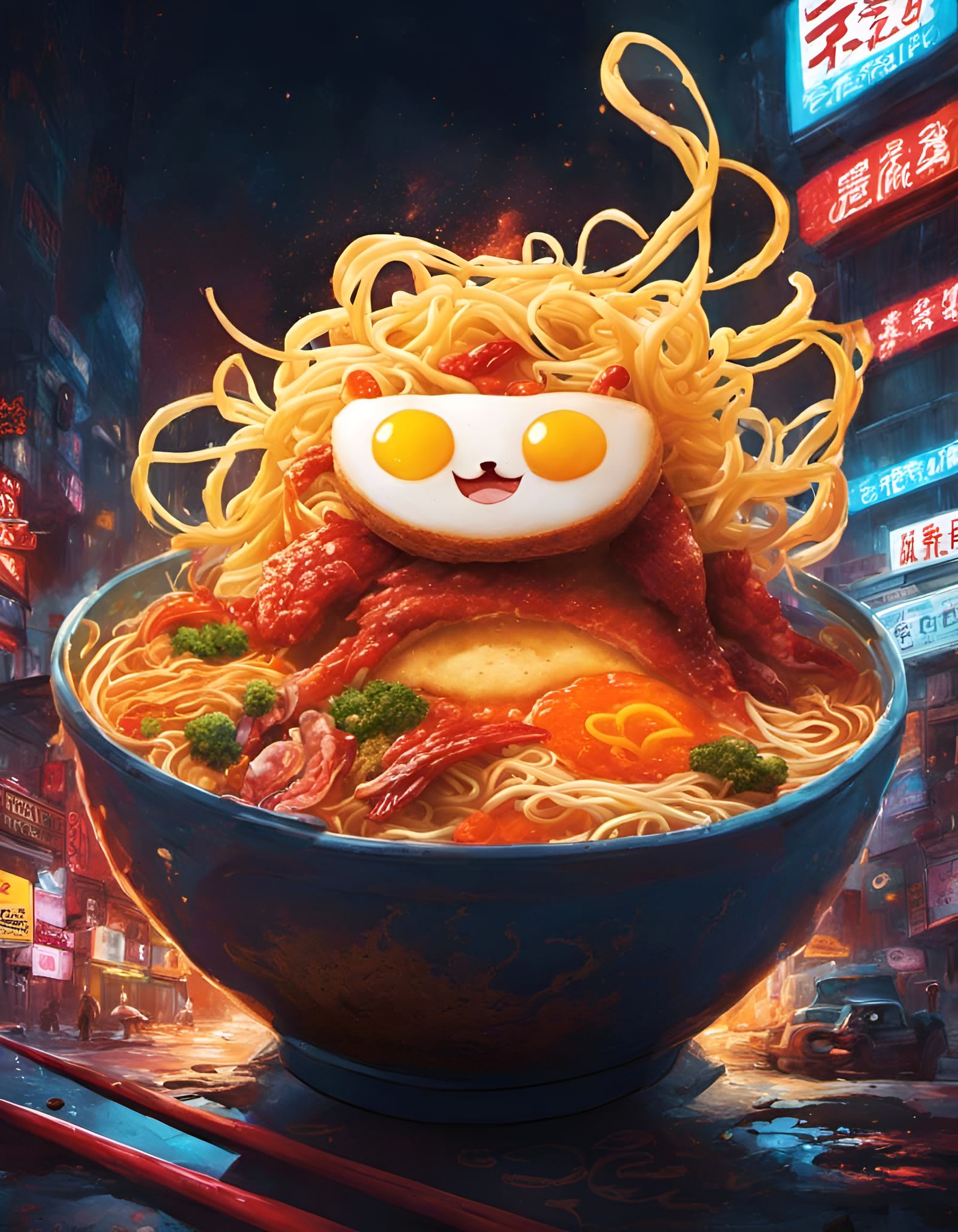Ramen Kaiju in Cyberpunk Neo Tokyo, Hyperdetailed Painting