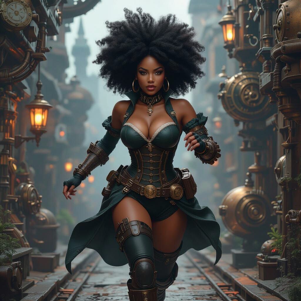 Steampunk Woman Runs Through Mechanical World