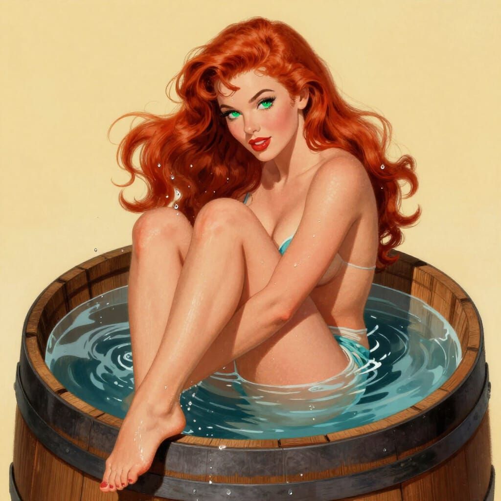 Mid-Century Pinup Woman Relaxing in Water Barrel