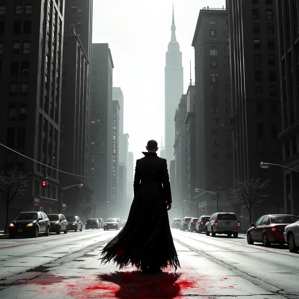 Mysterious Vampire Stands Alone in Desolate Noir Landscape