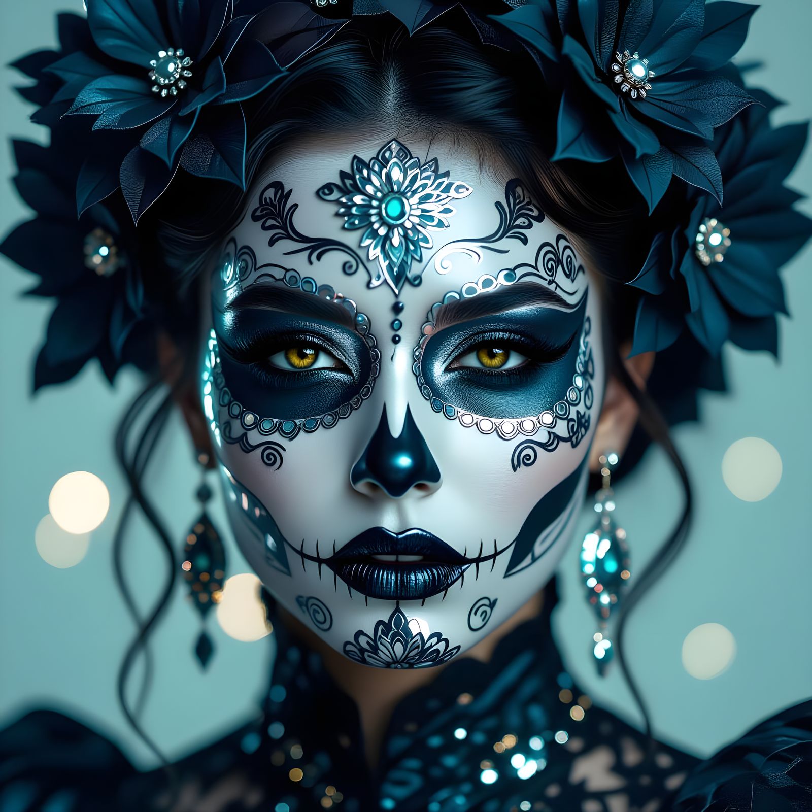 Chrome Goddess Portrait with Cyberpunk Floral Design