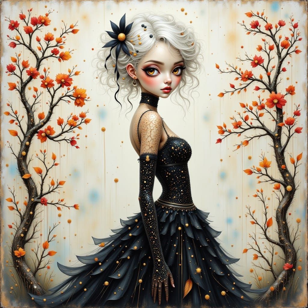 Iridescent Woman in Dreamy Bonsai Garden