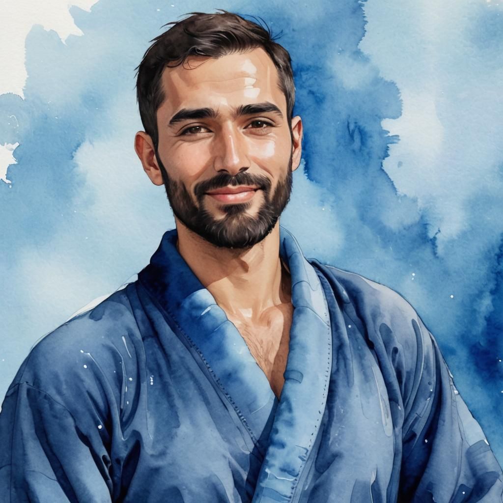 Handsome Man in Blue Velvet Bathrobe, Digital Art