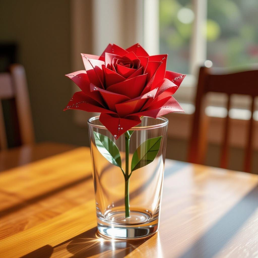 Sparkling Red Origami Rose on Sunny Table