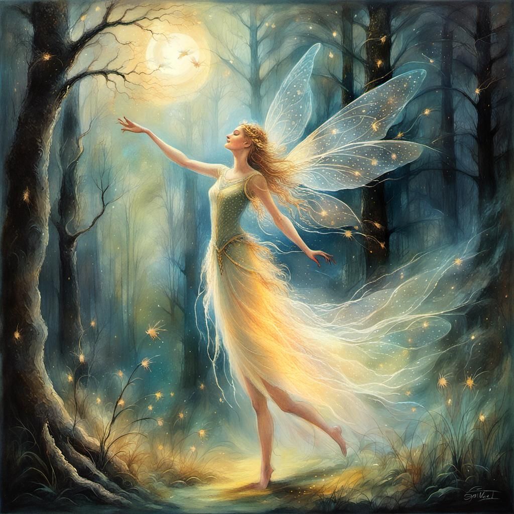 Light Fairy Dancing in Forest Glade as Oil Painting
