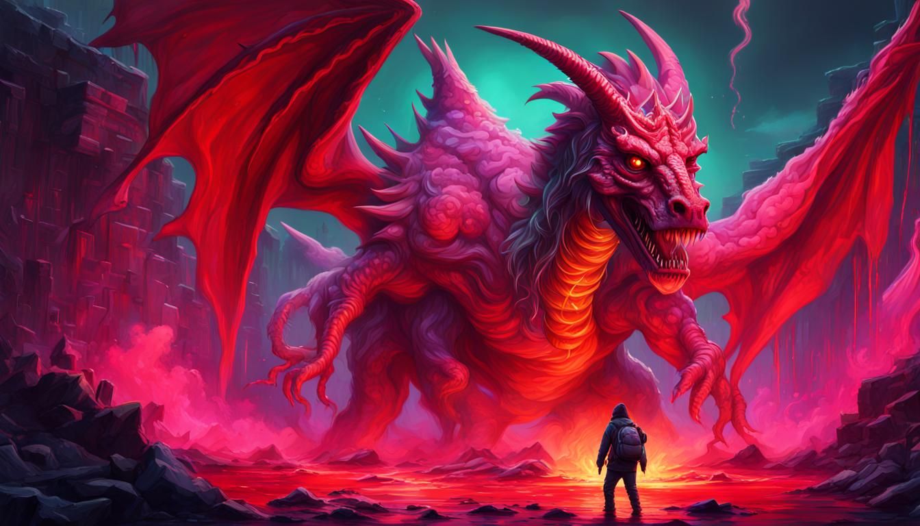 Neon Dragon-Horse Rider in Graffiti Fantasy Landscape