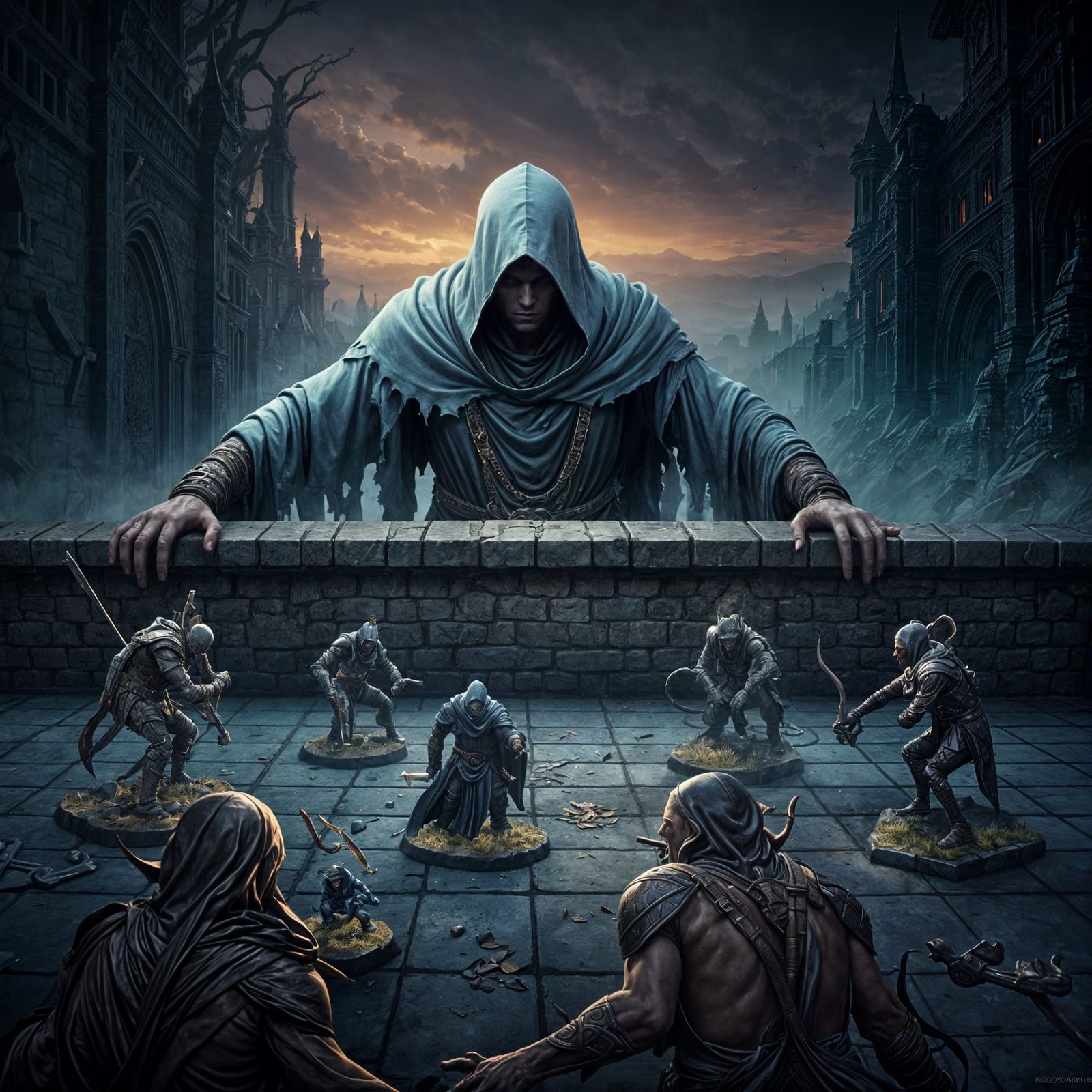 Dungeon Master Overlooks Gridded Battlefield in Dark Fantasy...