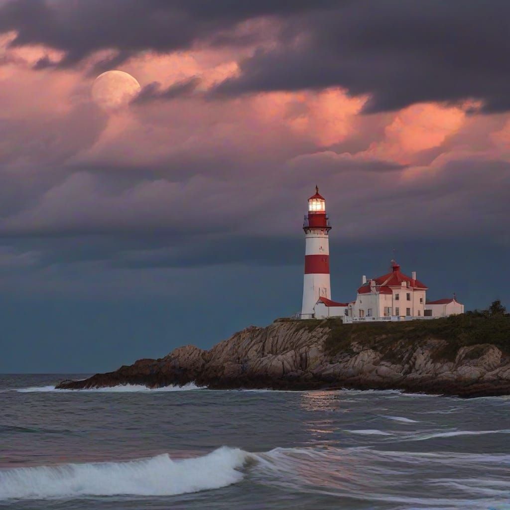 Baroque Lighthouse Under Moonlight and Sunset Clouds