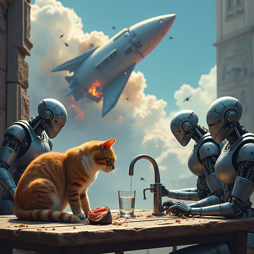 Cosmic Cat Convergence: A Surreal Scene of Robots, Spaceship...