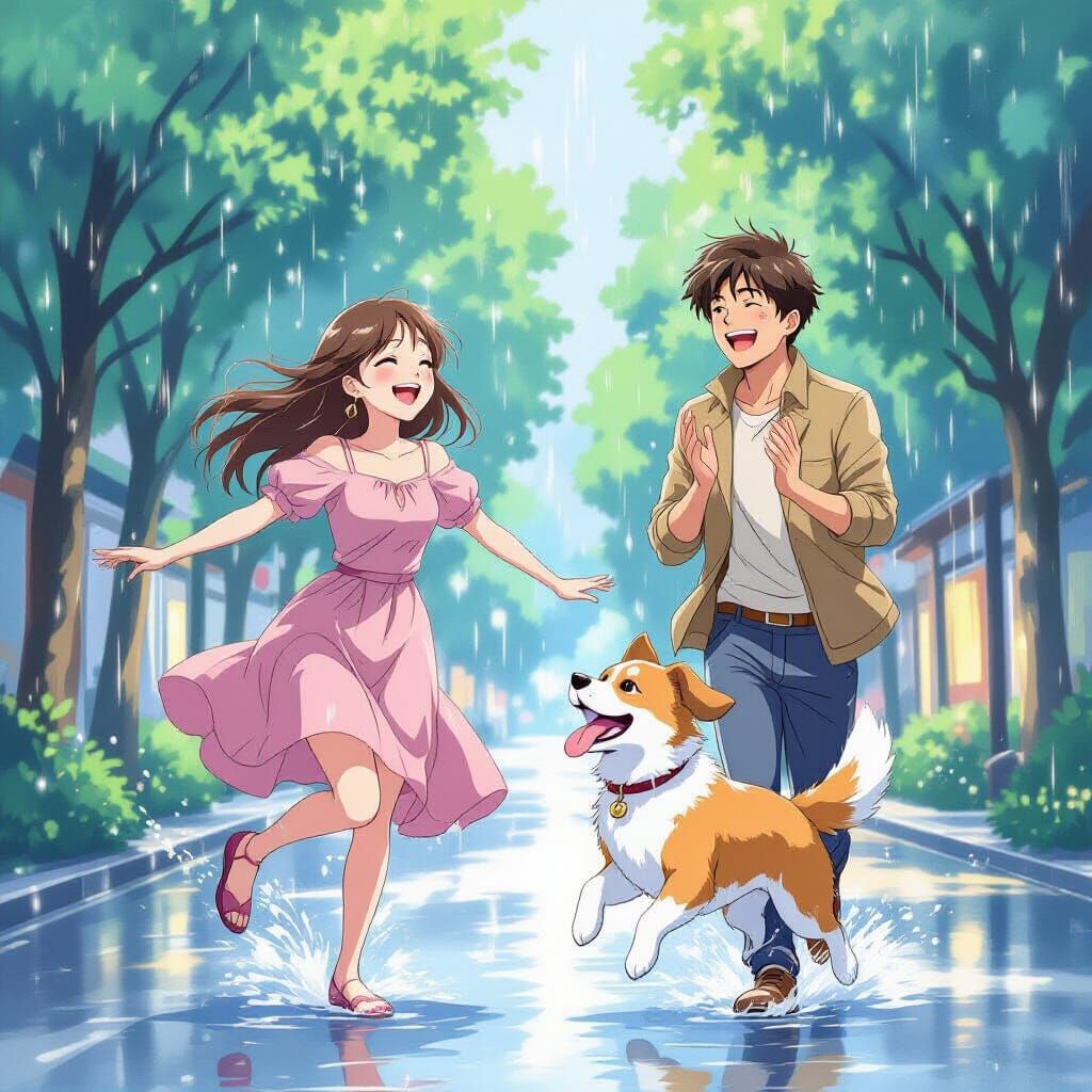 Joyful Rain Dance with Friends and Dog in Anime Style