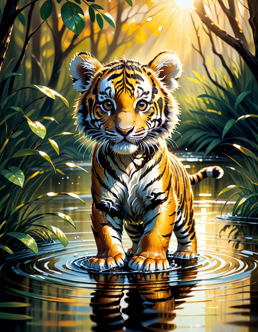 Majestic Tiger Cub in Serene Forest Landscape