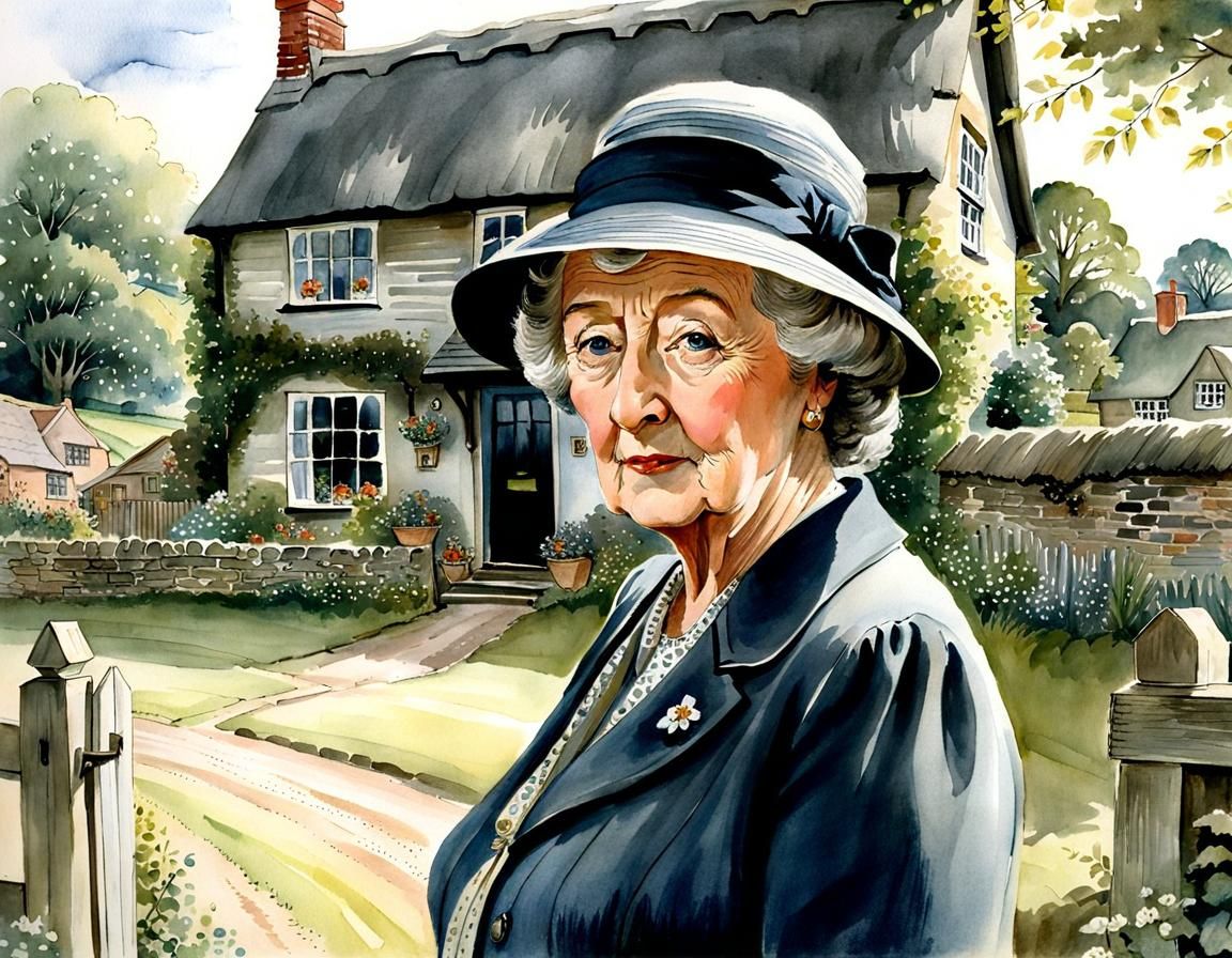 Miss Marple Portrait in Watercolor Book Illustration Style