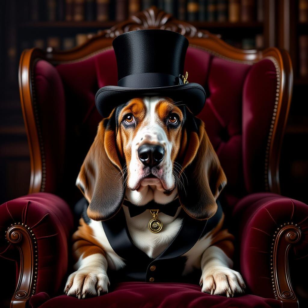 Regal Basset Hound in Top Hat and Monocle