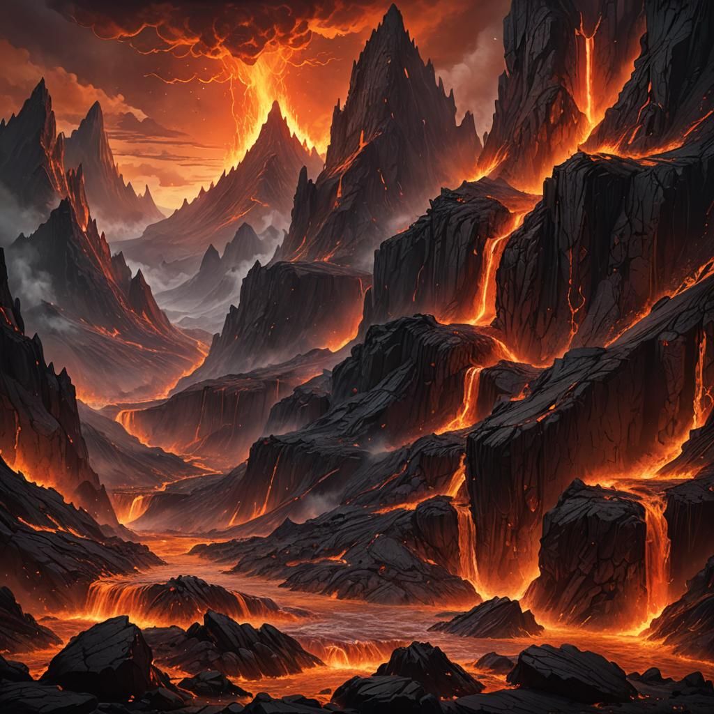 Hellish Mountains with Lava Rivers: Fantasy Concept Art