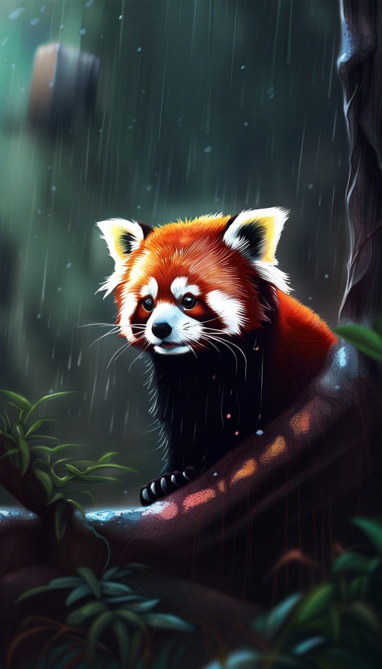Cute Red Panda in Rainy Forest
