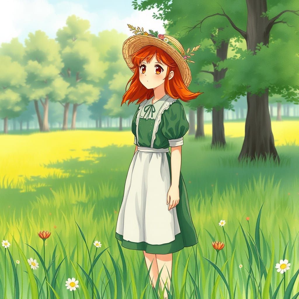 Whimsical Victorian Girl Stands in Enchanted Green Meadow