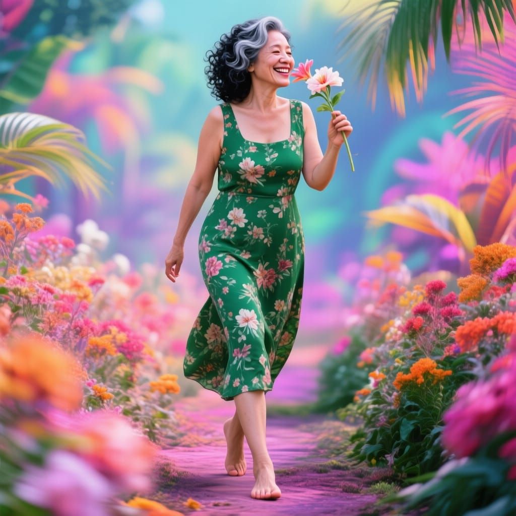 Woman Enjoys Tropical Garden in Hyperrealistic Style