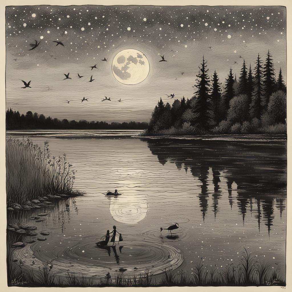 Twilight Lakeside Scene with Fairy and Druid