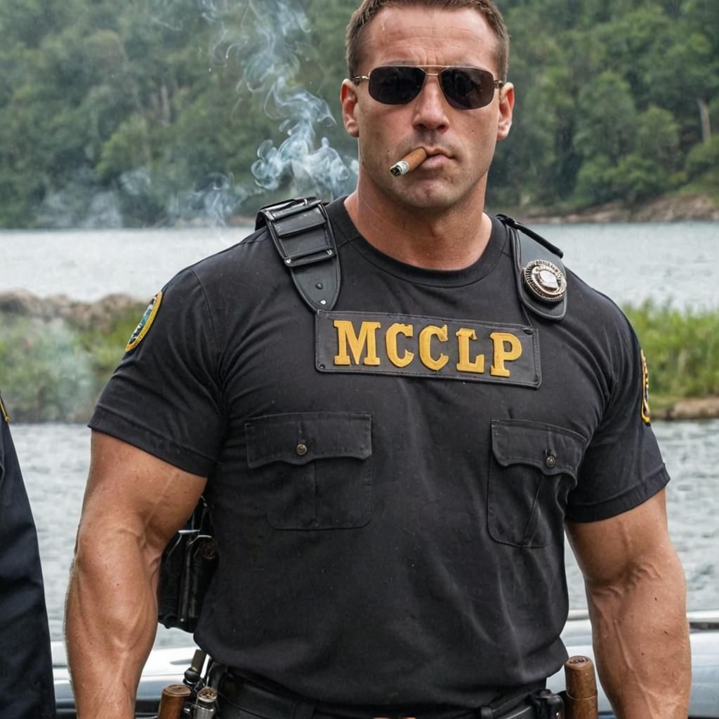 Muscular Cop Smoking Cigar: AI Generated Image