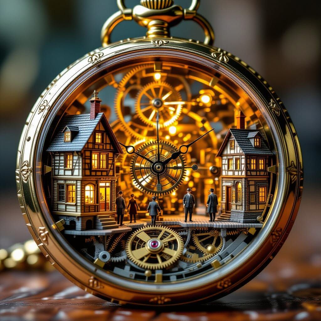 Intricate Miniature Mechanical City in Pocket Watch