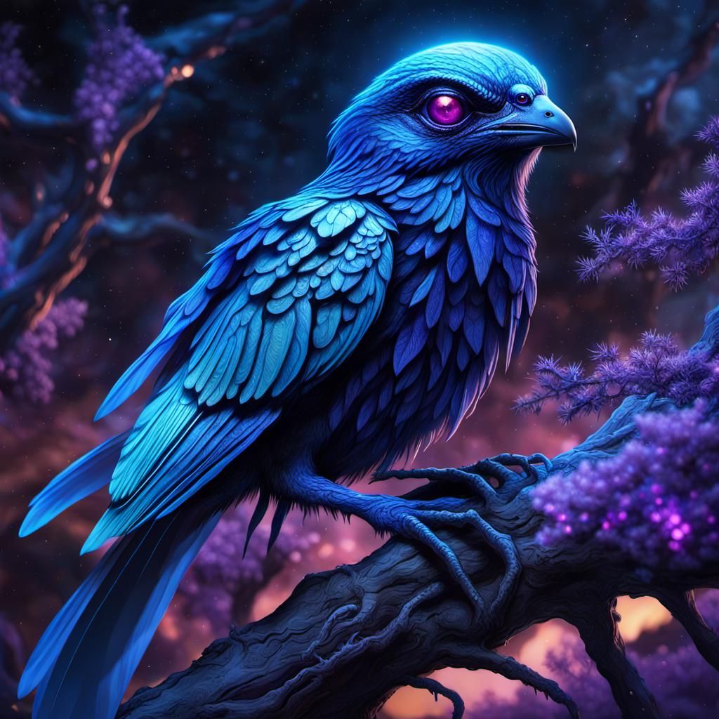 Avalian Alien Bird on Bioluminescent Branch in Deep Space
