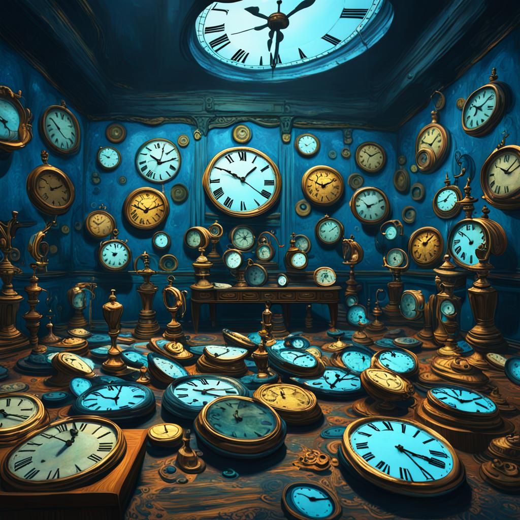 Room full of clocks different kinds surreal painting
I've got too much time on my hands
And it's ticking away, ticking a...