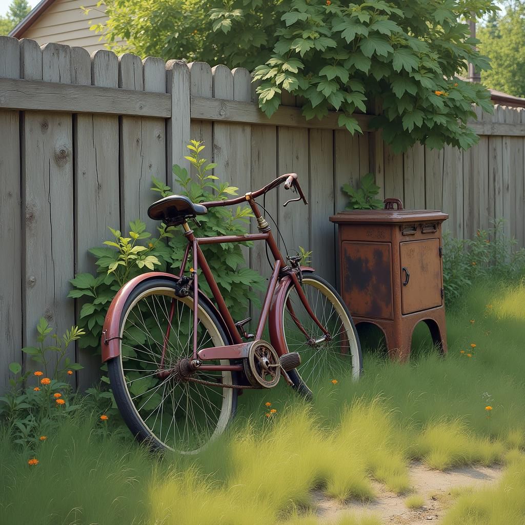 Nostalgic Yard Scene with Bicycle and Wringer