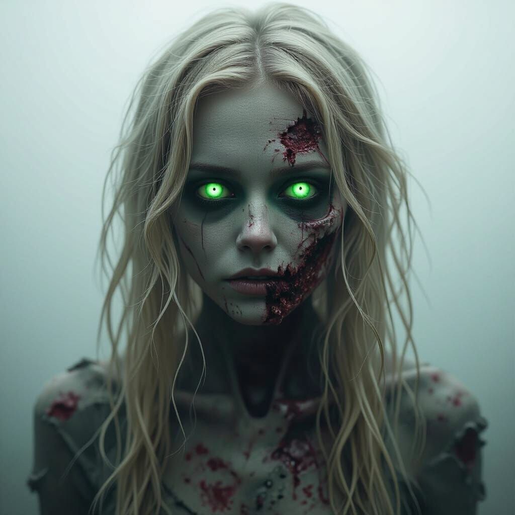 Surreal Zombie Girl with Glowing Eyes in Foggy Scene