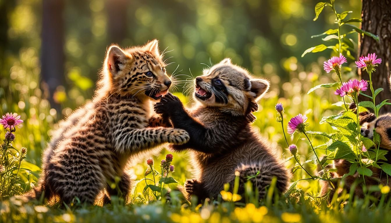 Leopard Kitten, Bear Cub, and Raccoon Puppy Play