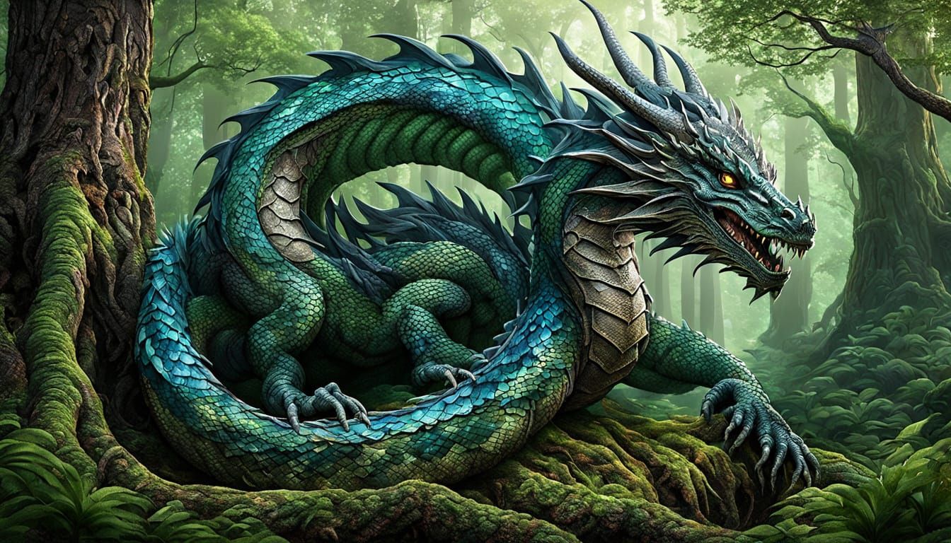 A majestic, dragon coiled around a colossal, ancient tree in...