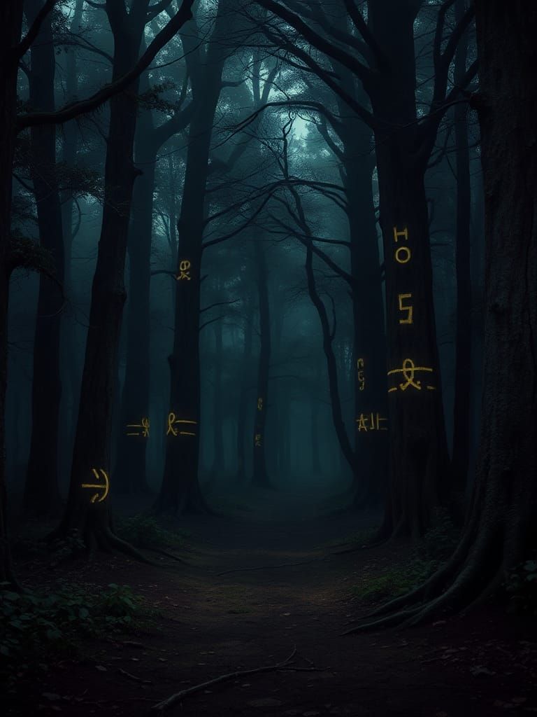 Ominous Forest Path with Glowing Runes