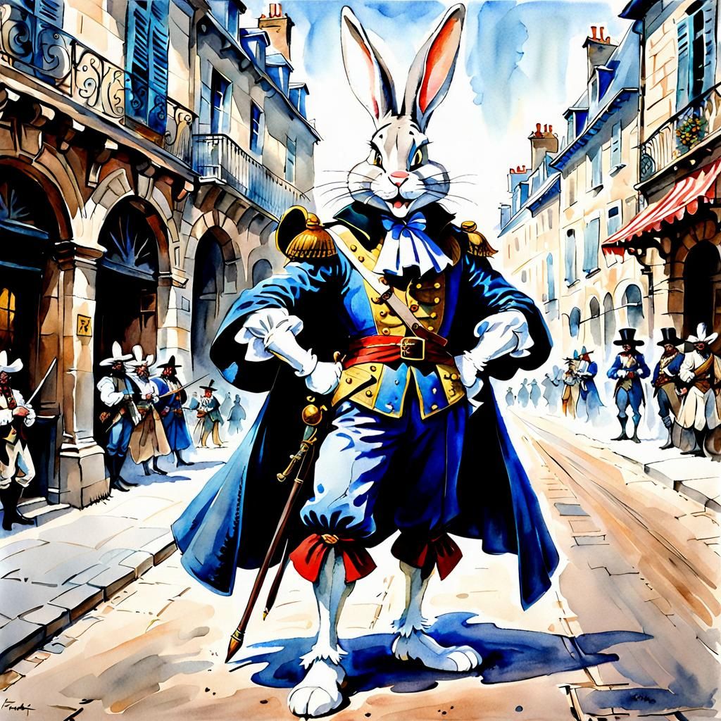 Bugs Bunny as Musketeer, Frazetta Watercolor Style
