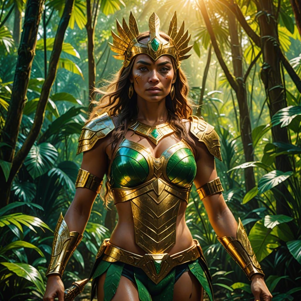 Amazon Queen in Jungle, Vibrant Oil Painting